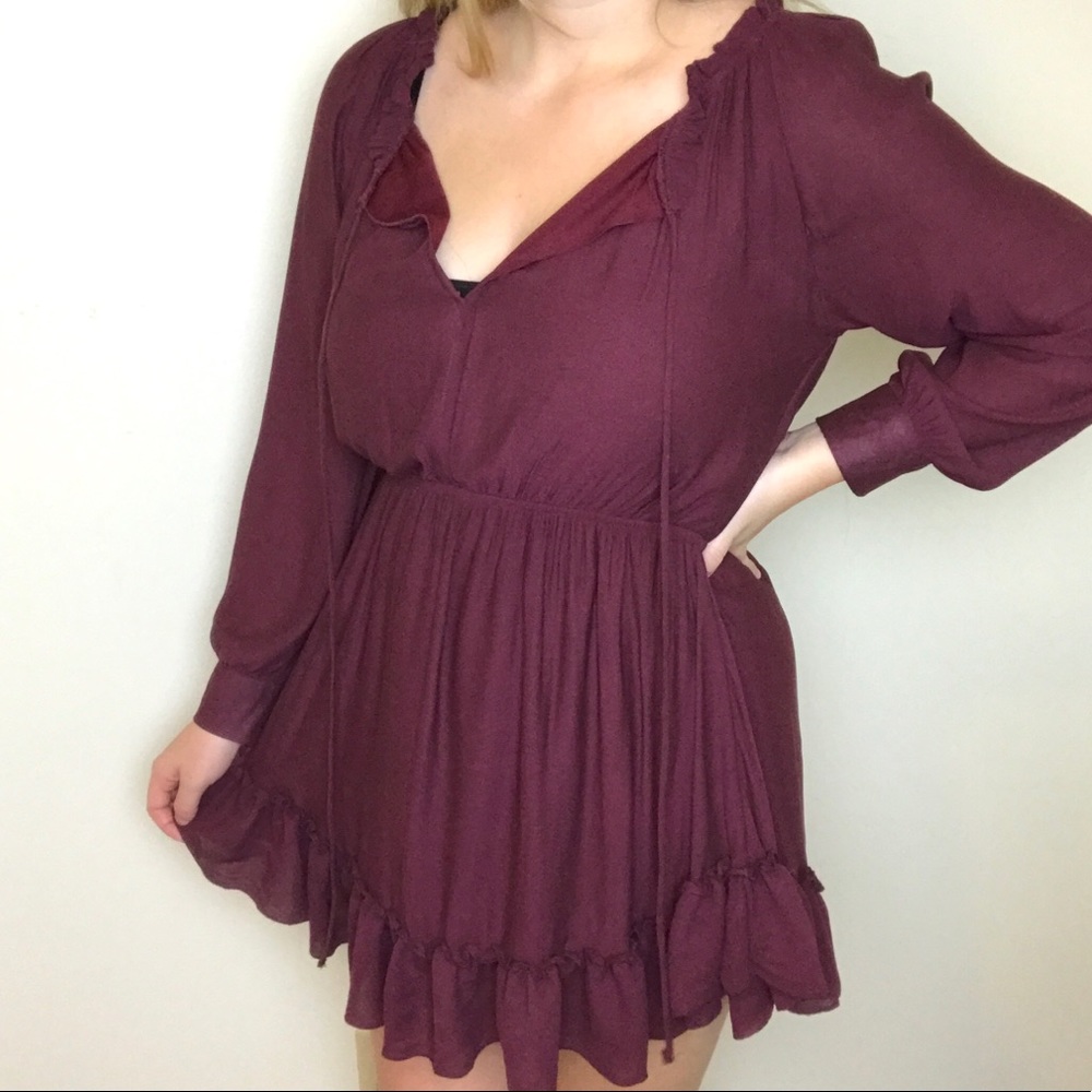 Mono B Flowy Long Sleeve Maroon Dress